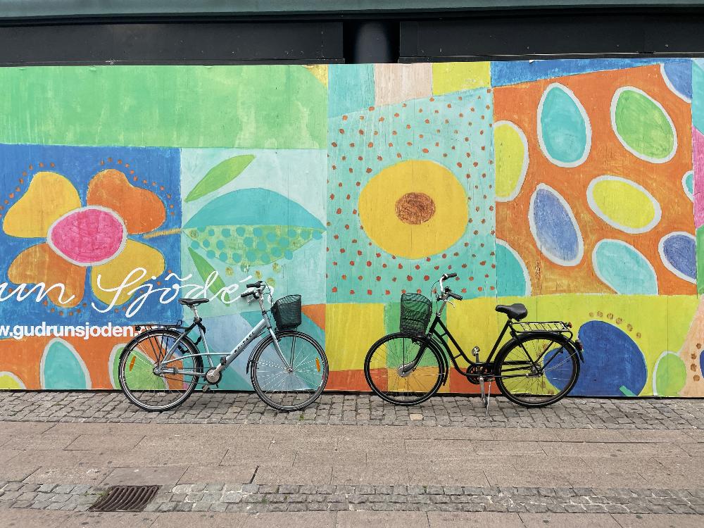 Two bicycles leaning against a colorful wall.  DIS Copenhagen, Fall 2023