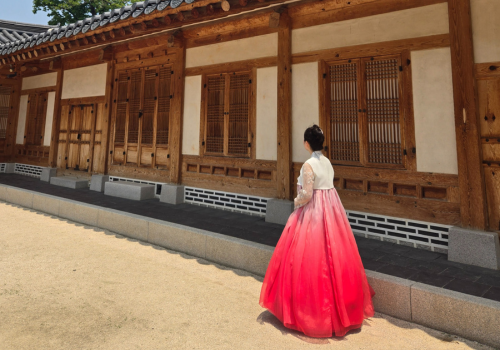 Woman in traditional Korean dress standing outside